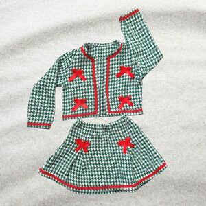 Girls Two-Piece Christmas Skirt and Jacket Set Houndstooth Green and Red Size 7